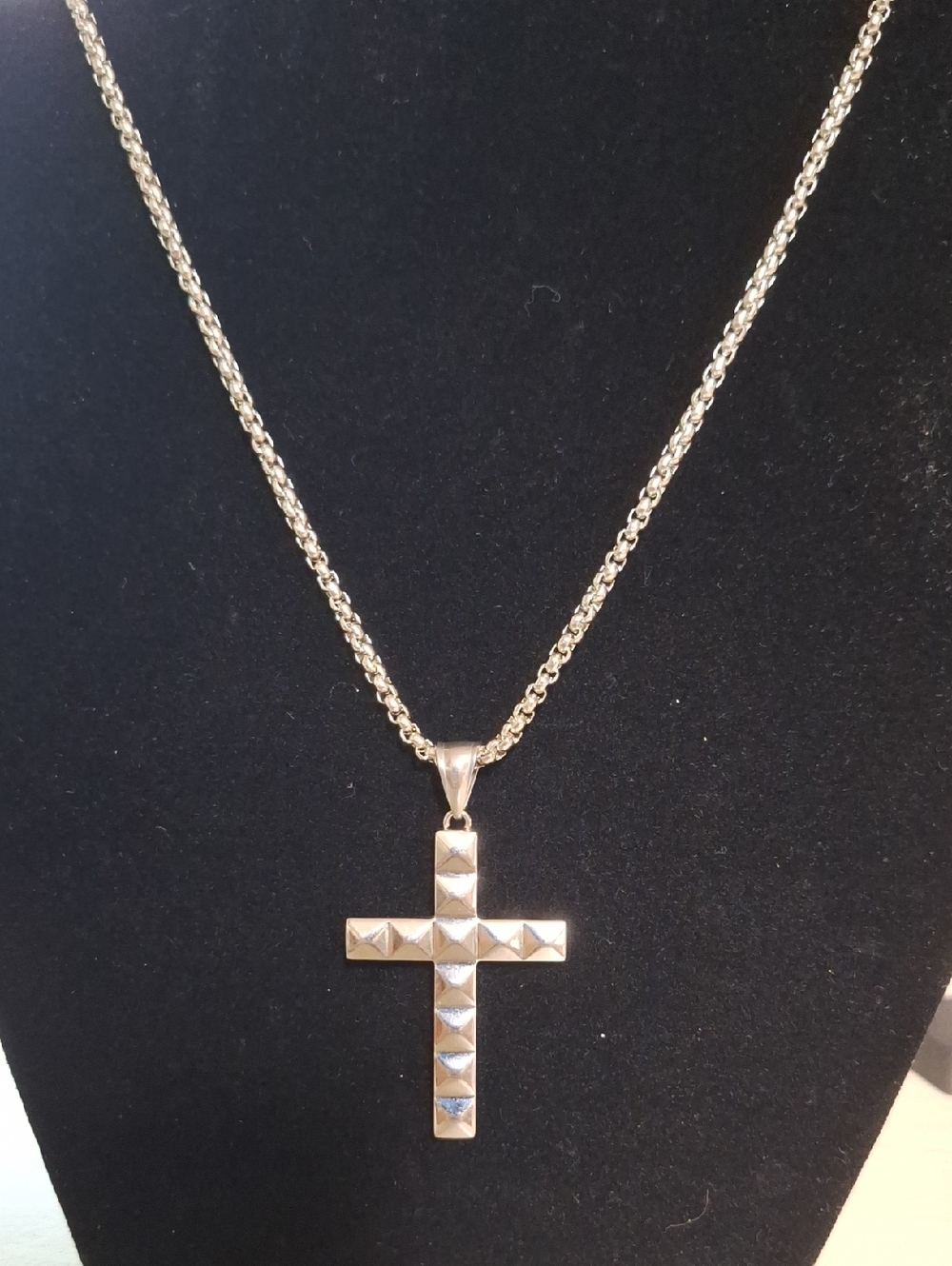 Stainless Steel Silver Pyramid Stud Cross Necklace 26" Chain Length